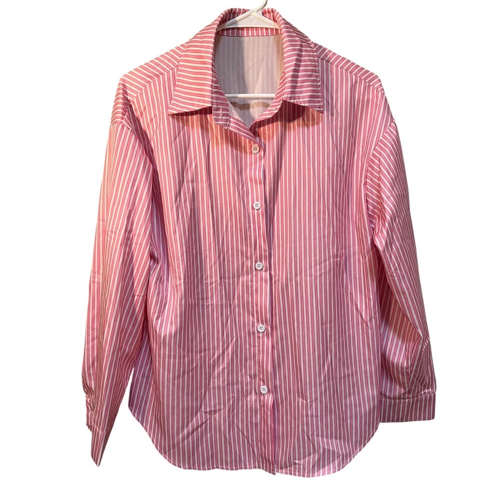 Womens Sz Medium Button Down Shirt Pink White Stripes Satin Long Sleeve Collared